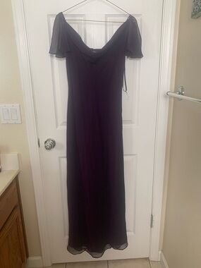 Betsy & Adam Deep Plum Maxi Slip Dress with Sheer Flutter Sleeves